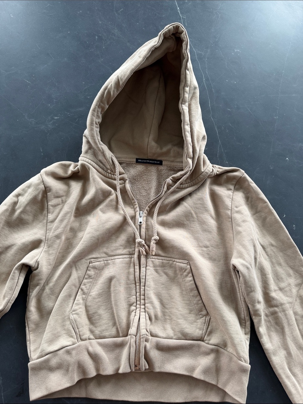 Brandy Melville Cropped Hooded Zip-Up Jacket in Beige